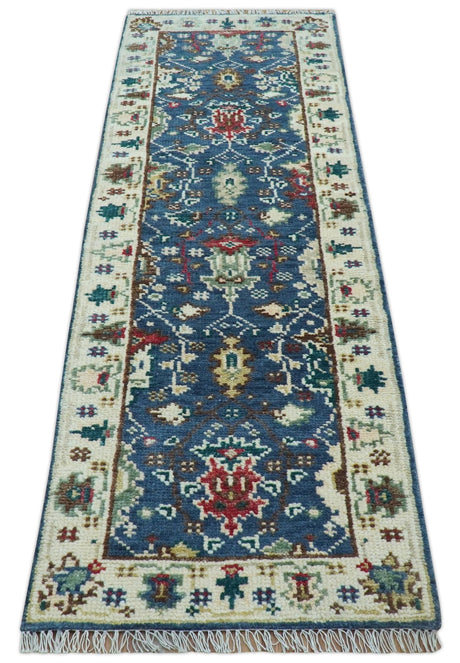 Hand knotted Runner 2.6x8 Blue And Ivory Traditional Design Wool Rug