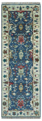 Hand knotted Runner 2.6x8 Blue And Ivory Traditional Design Wool Rug