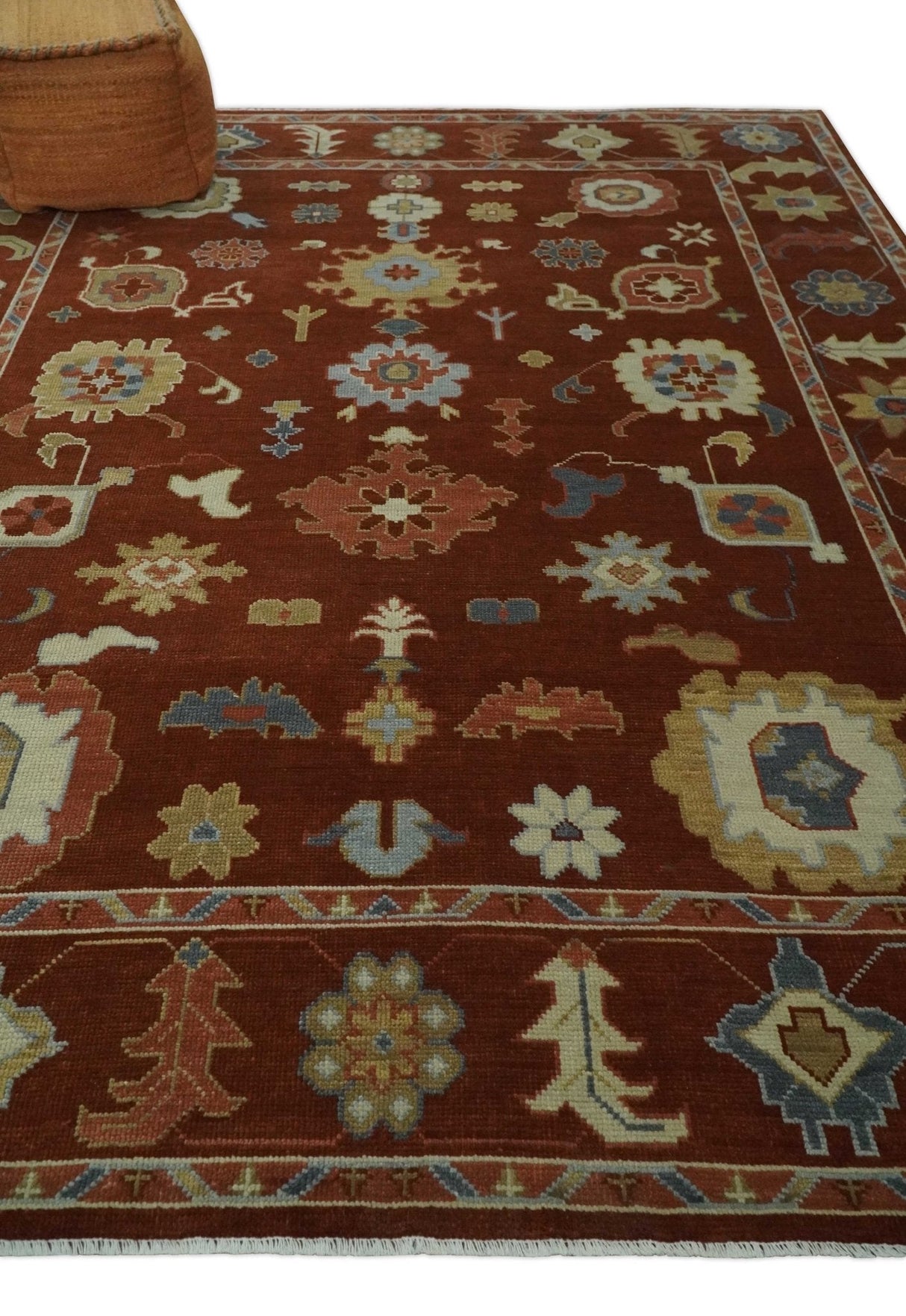Hand Knotted Rust and Beige Traditional Oushak Wool Area Rug