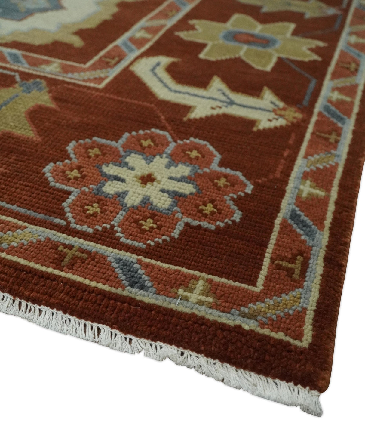 Hand Knotted Rust and Beige Traditional Oushak Wool Area Rug