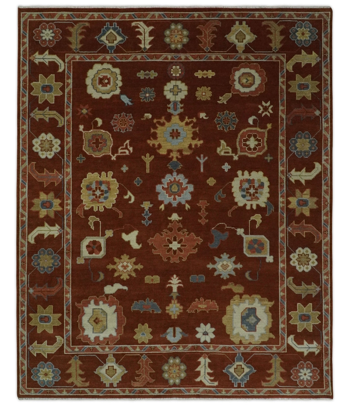 Hand Knotted Rust and Beige Traditional Oushak Wool Area Rug