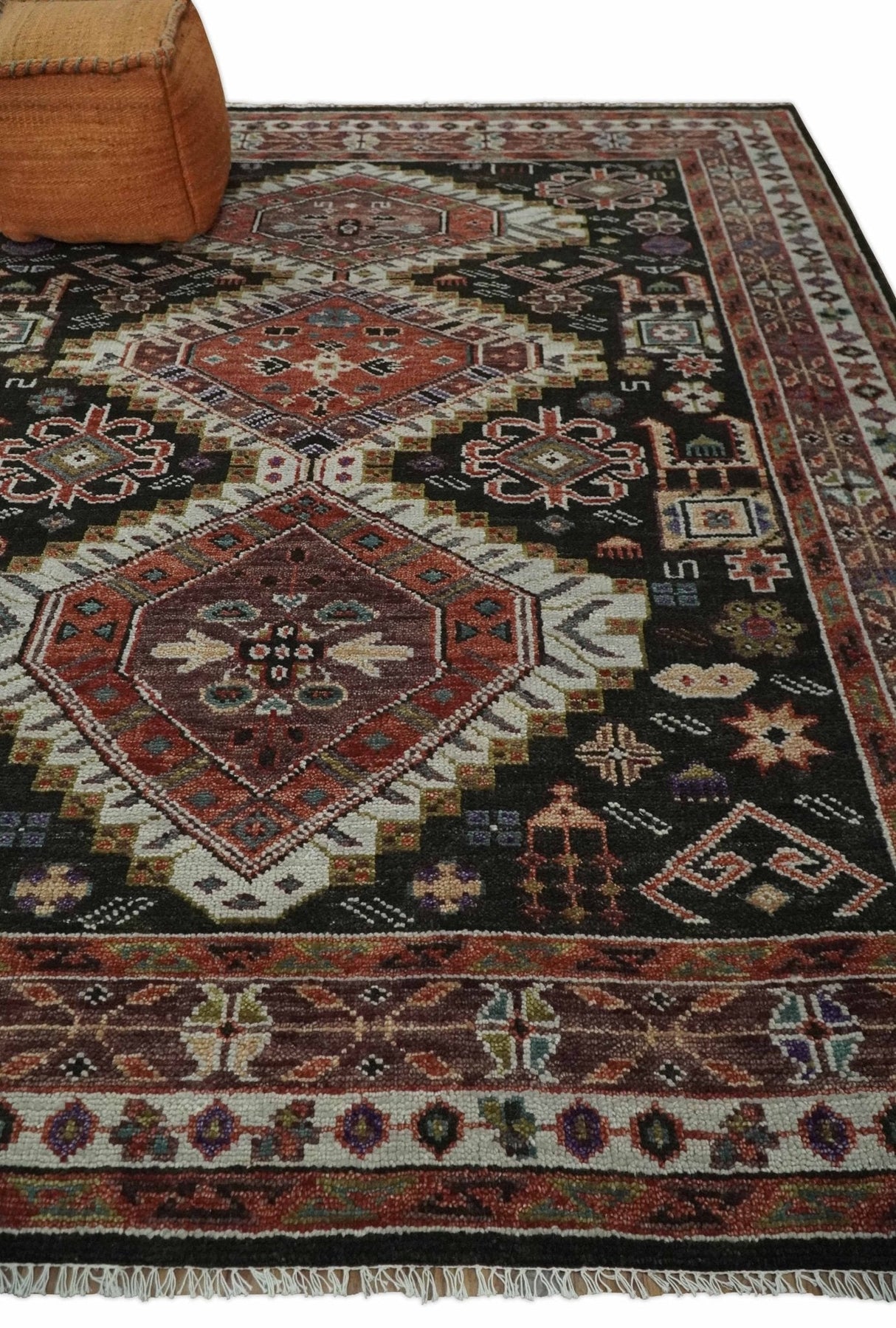 Hand Knotted Rust and Black Traditional Multi Size Wool Area Rug
