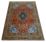Hand Knotted Rust and Blue Traditional Floral Multi Size Wool Area Rug