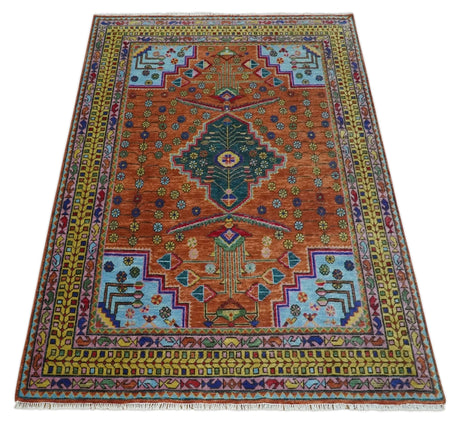 Hand Knotted Rust and Blue Traditional Floral Multi Size Wool Area Rug