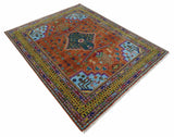 Hand Knotted Rust and Blue Traditional Floral Multi Size Wool Area Rug