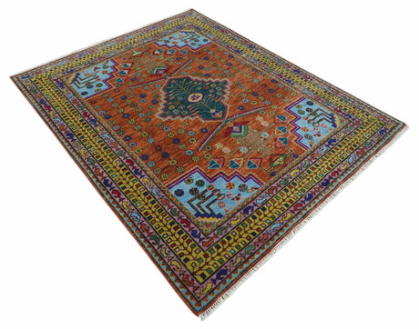 Hand Knotted Rust and Blue Traditional Floral Multi Size Wool Area Rug