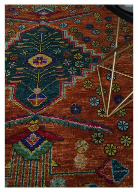 Hand Knotted Rust and Blue Traditional Floral Multi Size Wool Area Rug