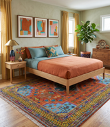 Hand Knotted Rust and Blue Traditional Floral Multi Size Wool Area Rug