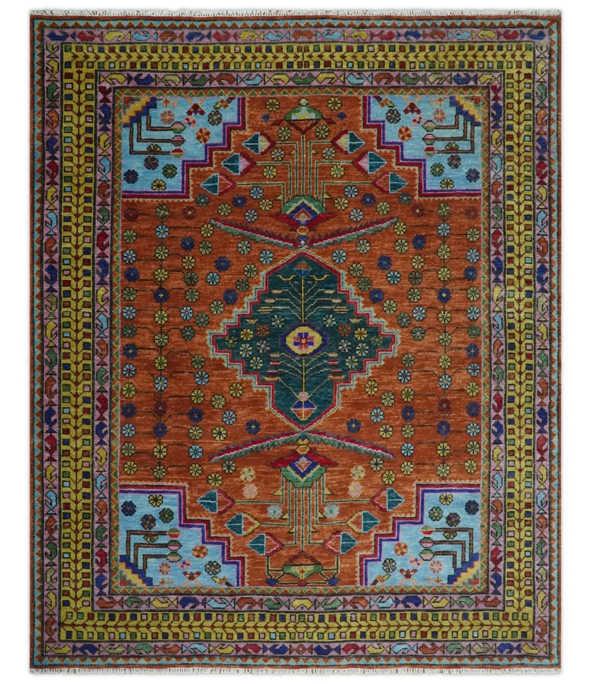 Hand Knotted Rust and Blue Traditional Floral Multi Size Wool Area Rug