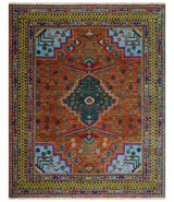 Hand Knotted Rust and Blue Traditional Floral Multi Size Wool Area Rug