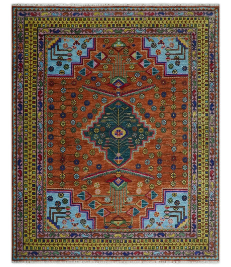Hand Knotted Rust and Blue Traditional Floral Multi Size Wool Area Rug