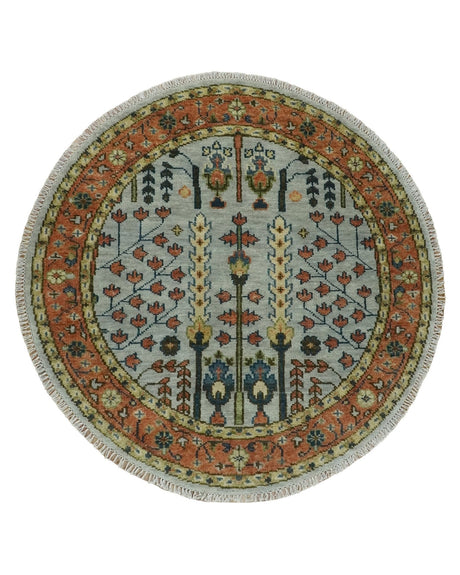 Hand Knotted Rust and Blue Traditional Turkish Tree of Life Multi Size Wool Rug