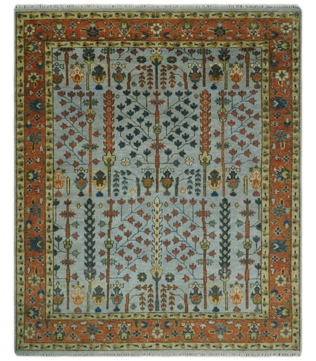 Hand Knotted Rust and Blue Traditional Turkish Tree of Life Multi Size Wool Rug