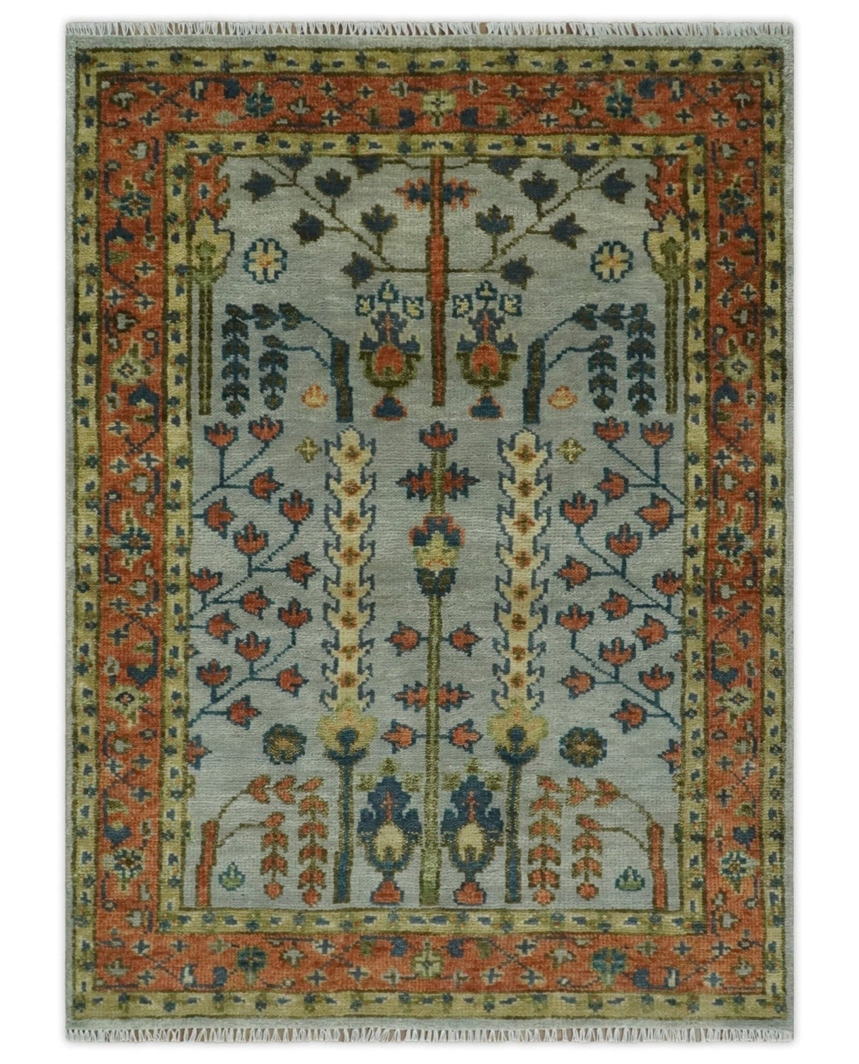 Hand Knotted Rust and Blue Traditional Turkish Tree of Life Multi Size Wool Rug