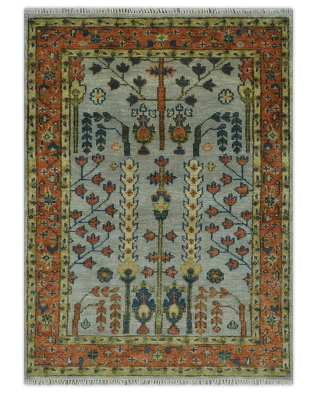 Hand Knotted Rust and Blue Traditional Turkish Tree of Life Multi Size Wool Rug