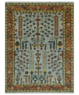 Hand Knotted Rust and Blue Traditional Turkish Tree of Life Multi Size Wool Rug