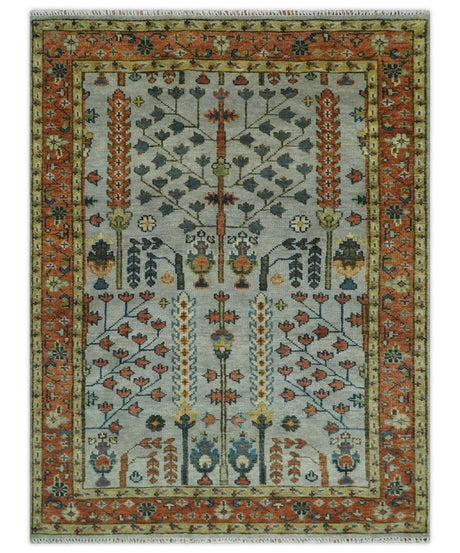 Hand Knotted Rust and Blue Traditional Turkish Tree of Life Multi Size Wool Rug