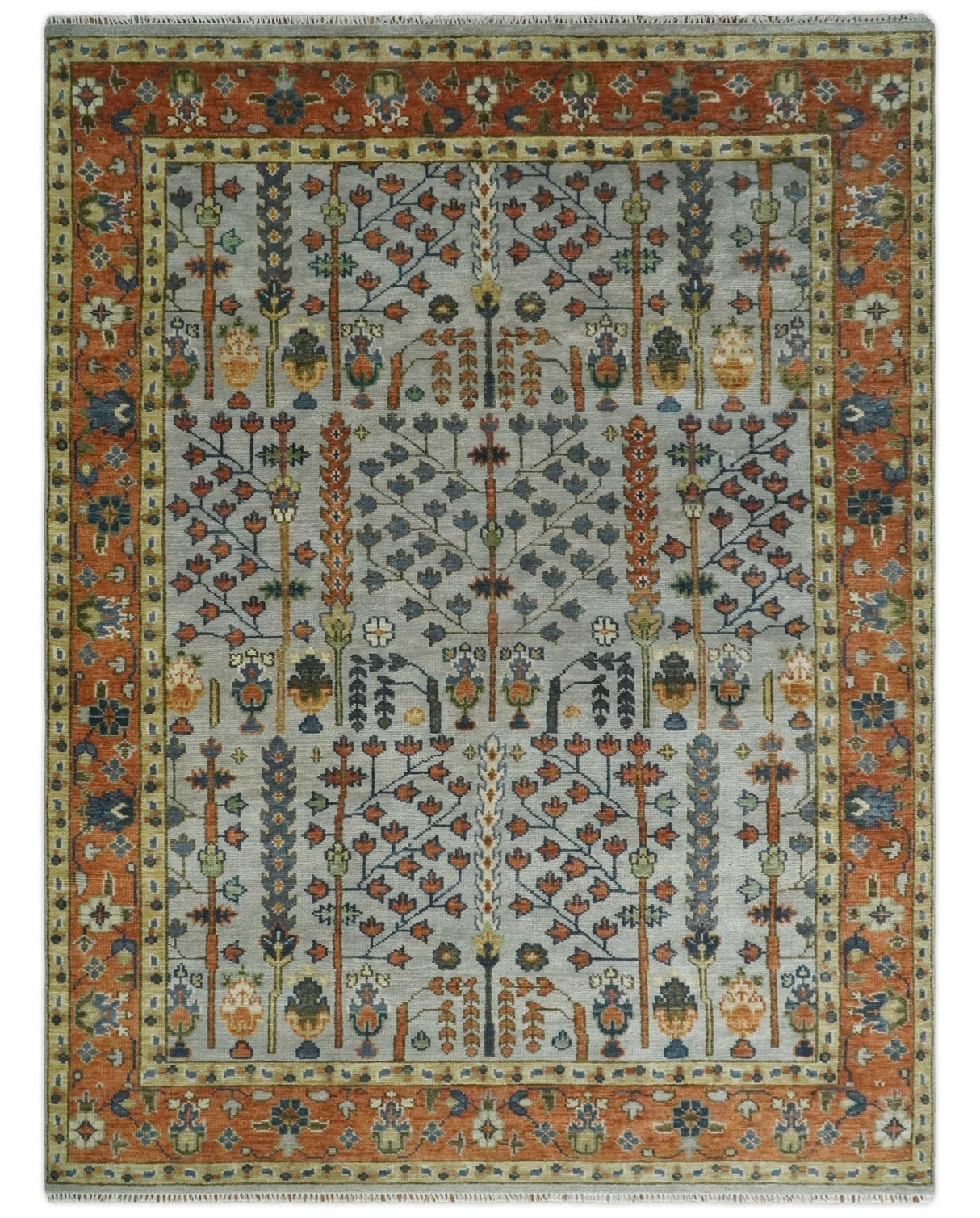 Hand Knotted Rust and Blue Traditional Turkish Tree of Life Multi Size Wool Rug