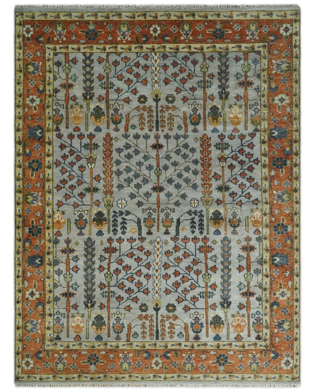 Hand Knotted Rust and Blue Traditional Turkish Tree of Life Multi Size Wool Rug