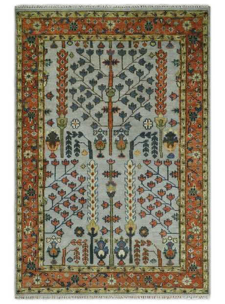 Hand Knotted Rust and Blue Traditional Turkish Tree of Life Multi Size Wool Rug