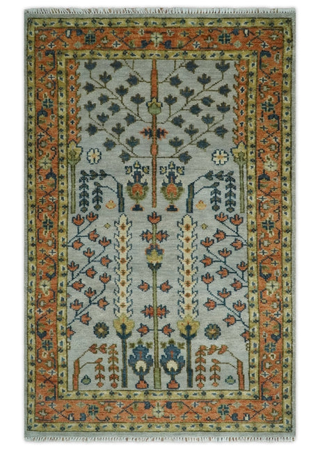 Hand Knotted Rust and Blue Traditional Turkish Tree of Life Multi Size Wool Rug