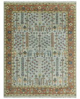 Hand Knotted Rust and Blue Traditional Turkish Tree of Life Multi Size Wool Rug