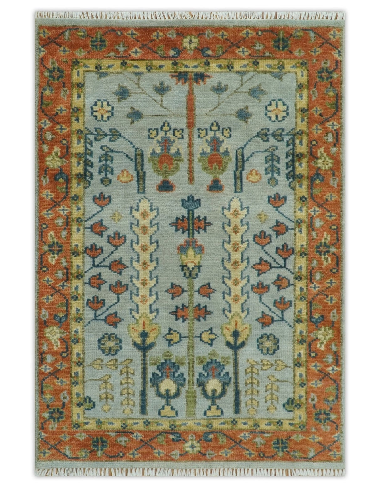 Hand Knotted Rust and Blue Traditional Turkish Tree of Life Multi Size Wool Rug