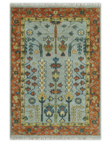 Hand Knotted Rust and Blue Traditional Turkish Tree of Life Multi Size Wool Rug