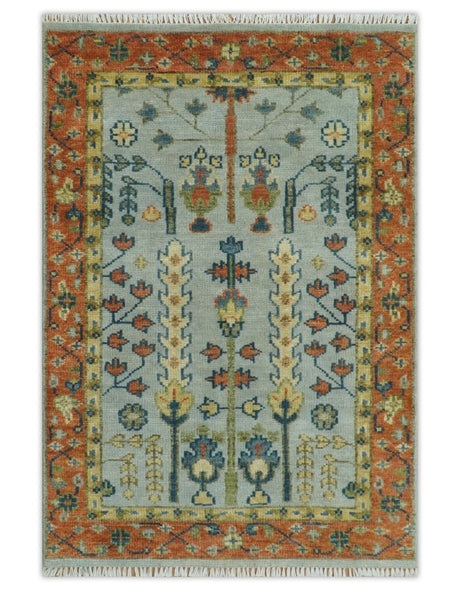 Hand Knotted Rust and Blue Traditional Turkish Tree of Life Multi Size Wool Rug