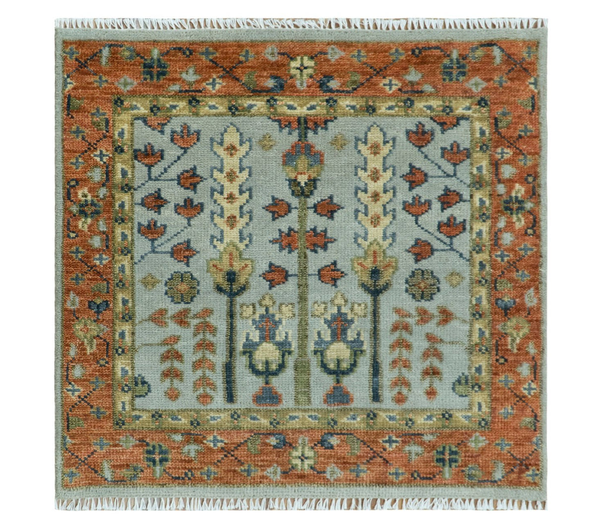 Hand Knotted Rust and Blue Traditional Turkish Tree of Life Multi Size Wool Rug