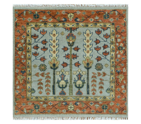 Hand Knotted Rust and Blue Traditional Turkish Tree of Life Multi Size Wool Rug