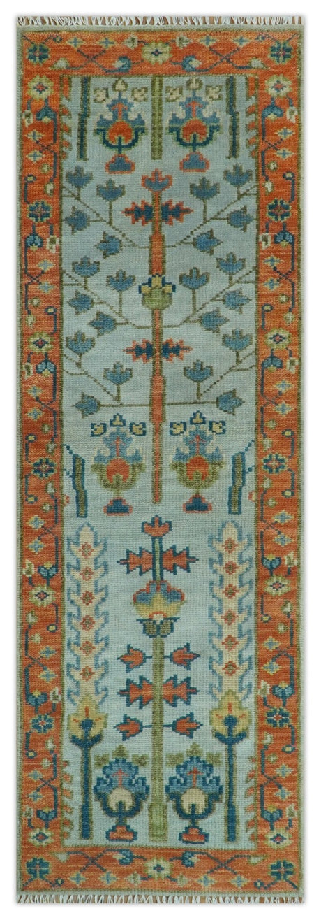 Hand Knotted Rust and Blue Traditional Turkish Tree of Life Multi Size Wool Rug