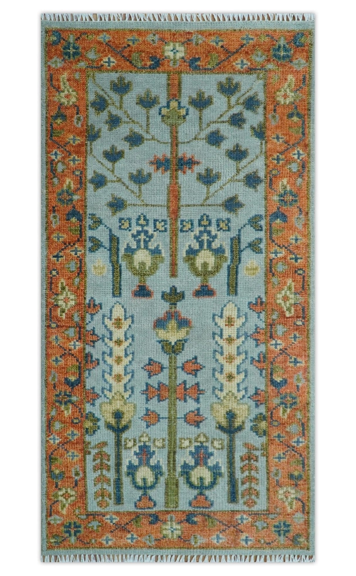 Hand Knotted Rust and Blue Traditional Turkish Tree of Life Multi Size Wool Rug