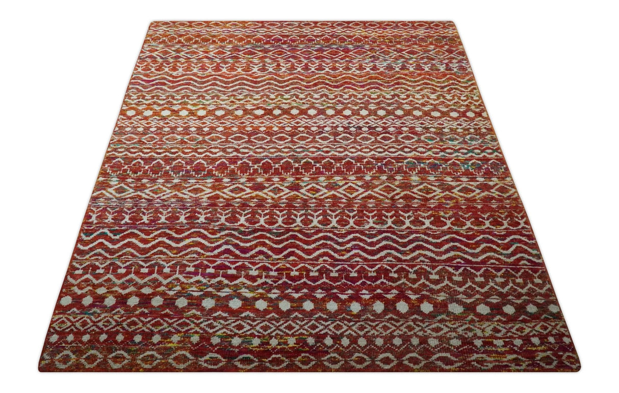 Hand Knotted Rust and Ivory Contemporary Southwestern Tribal Trellis Recycled Silk Rug