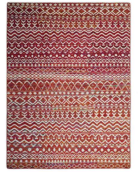 Hand Knotted Rust and Ivory Contemporary Southwestern Tribal Trellis Recycled Silk Rug