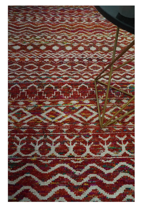 Hand Knotted Rust and Ivory Contemporary Southwestern Tribal Trellis Recycled Silk Rug