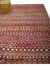 Hand Knotted Rust and Ivory Contemporary Southwestern Tribal Trellis Recycled Silk Rug