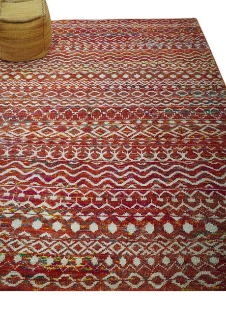Hand Knotted Rust and Ivory Contemporary Southwestern Tribal Trellis Recycled Silk Rug