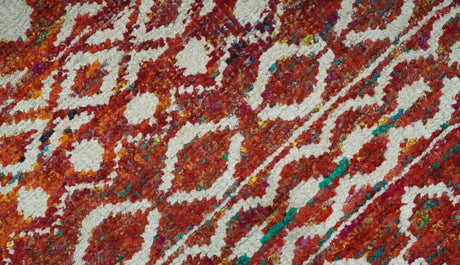 Hand Knotted Rust and Ivory Contemporary Southwestern Tribal Trellis Recycled Silk Rug