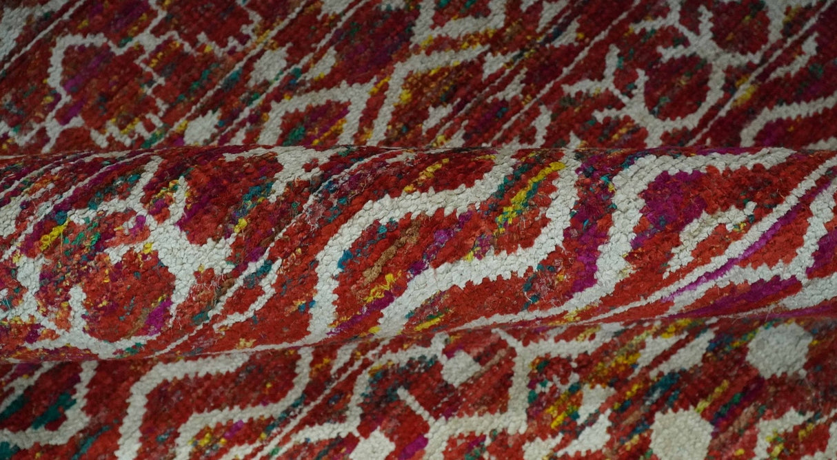 Hand Knotted Rust and Ivory Contemporary Southwestern Tribal Trellis Recycled Silk Rug