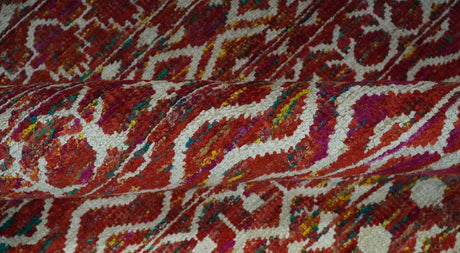 Hand Knotted Rust and Ivory Contemporary Southwestern Tribal Trellis Recycled Silk Rug