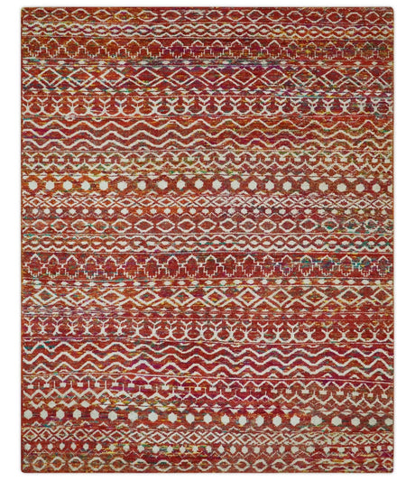 Hand Knotted Rust and Ivory Contemporary Southwestern Tribal Trellis Recycled Silk Rug