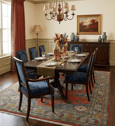 Hand Knotted Rust, Blue and Olive Traditional Antique Wool Rug