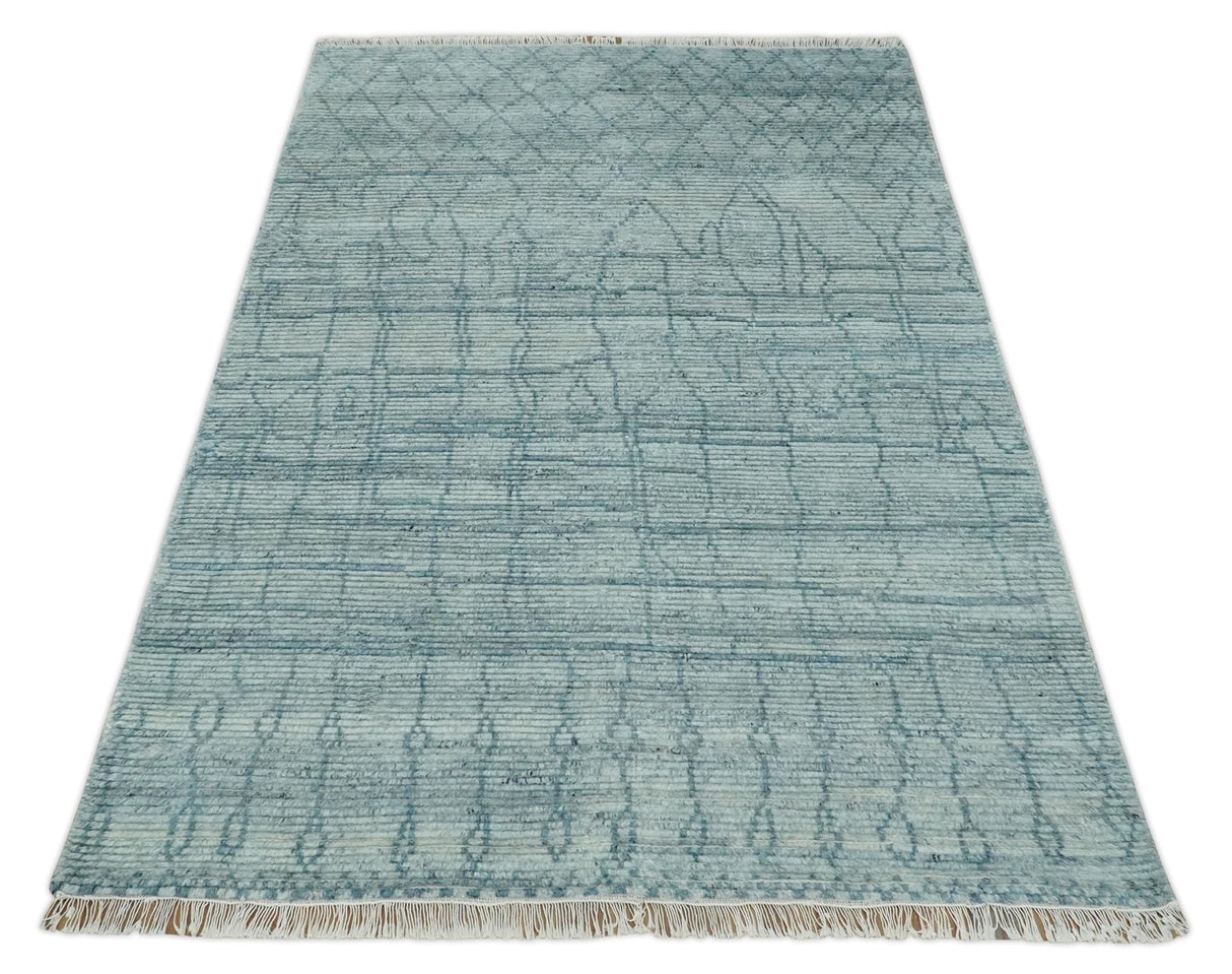 Hand Knotted Silver and Blue Modern Trellis Moroccan Blended Wool Rug