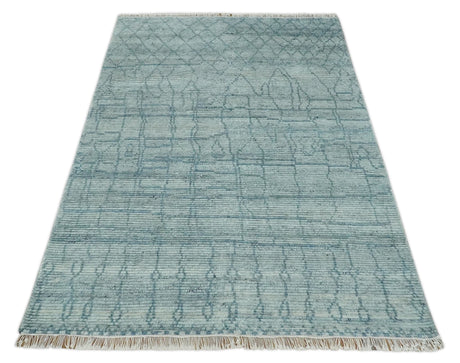 Hand Knotted Silver and Blue Modern Trellis Moroccan Blended Wool Rug
