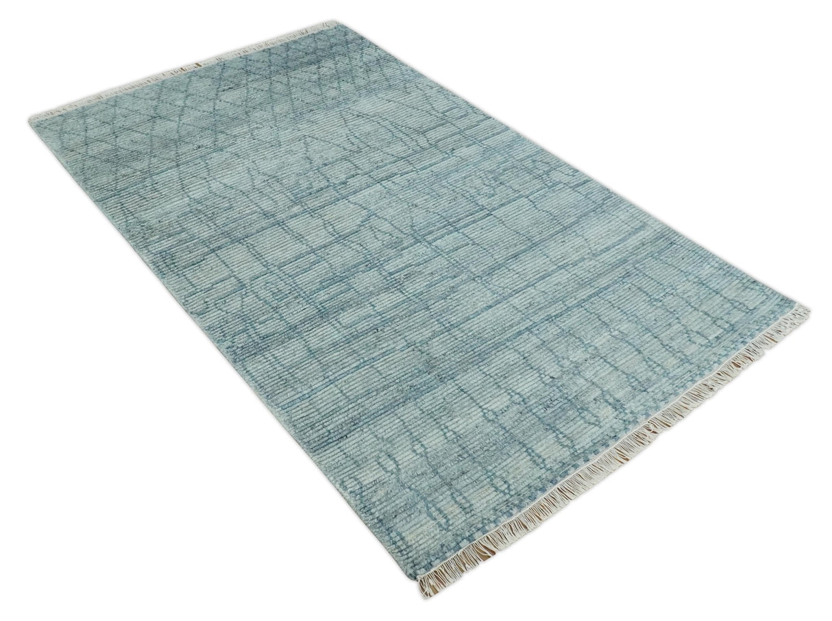Hand Knotted Silver and Blue Modern Trellis Moroccan Blended Wool Rug