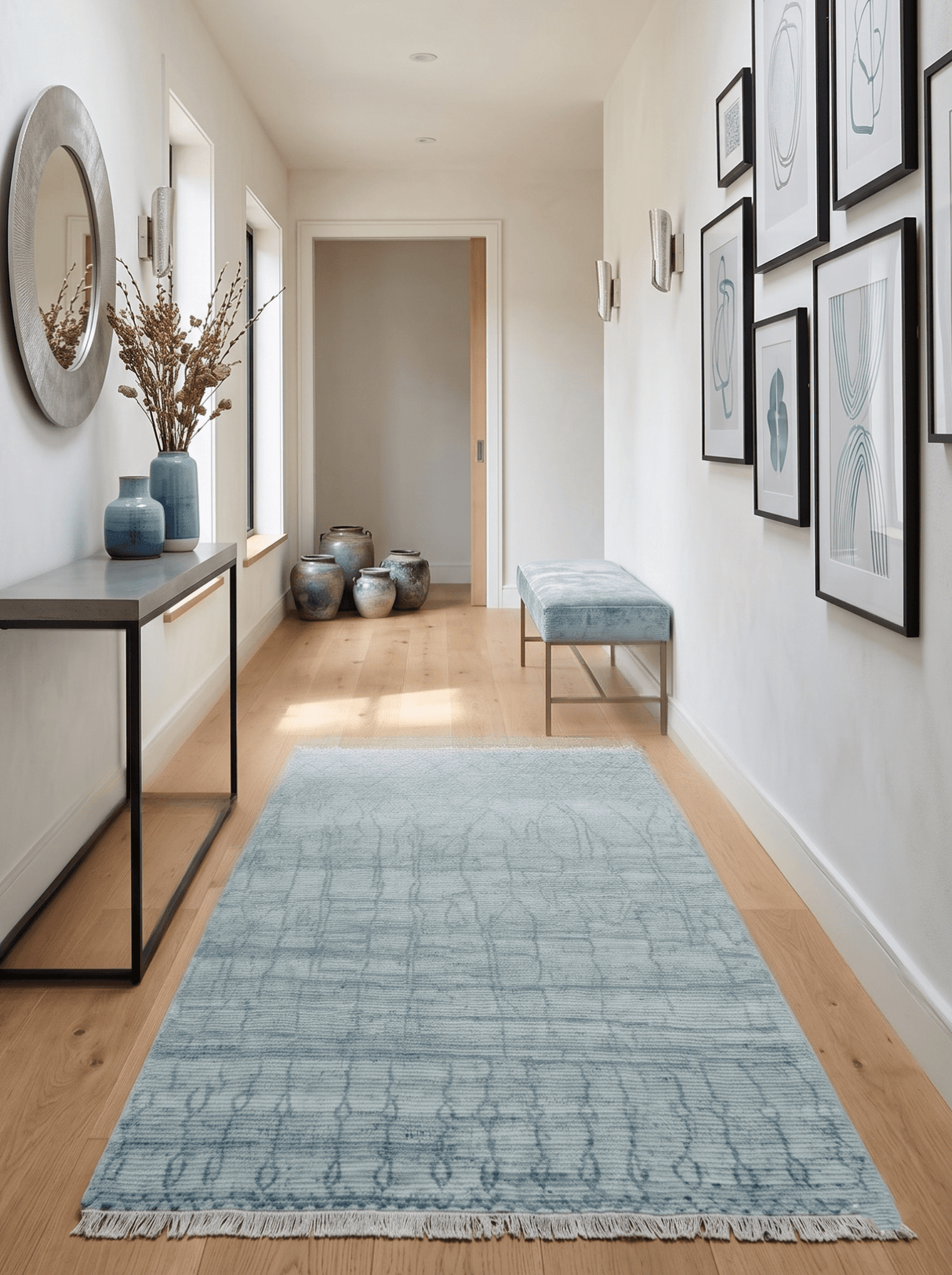 Hand Knotted Silver and Blue Modern Trellis Moroccan Blended Wool Rug