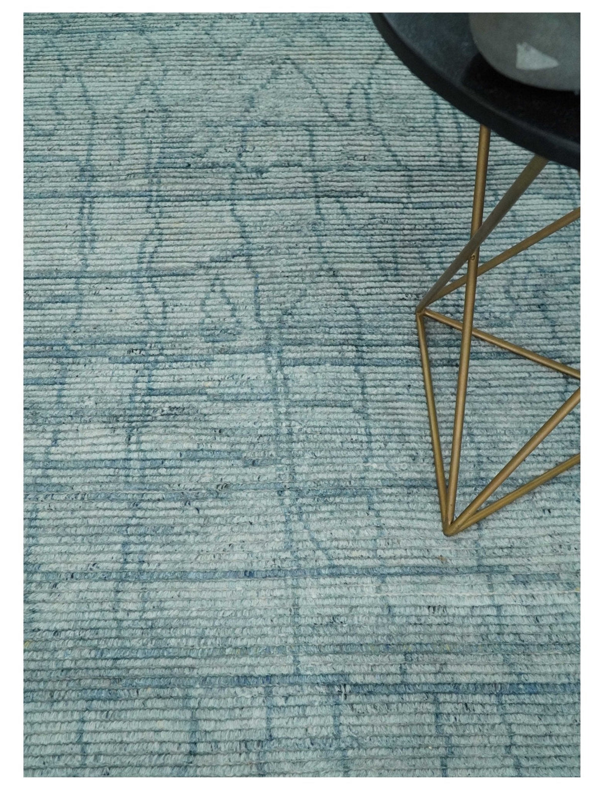 Hand Knotted Silver and Blue Modern Trellis Moroccan Blended Wool Rug