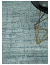 Hand Knotted Silver and Blue Modern Trellis Moroccan Blended Wool Rug