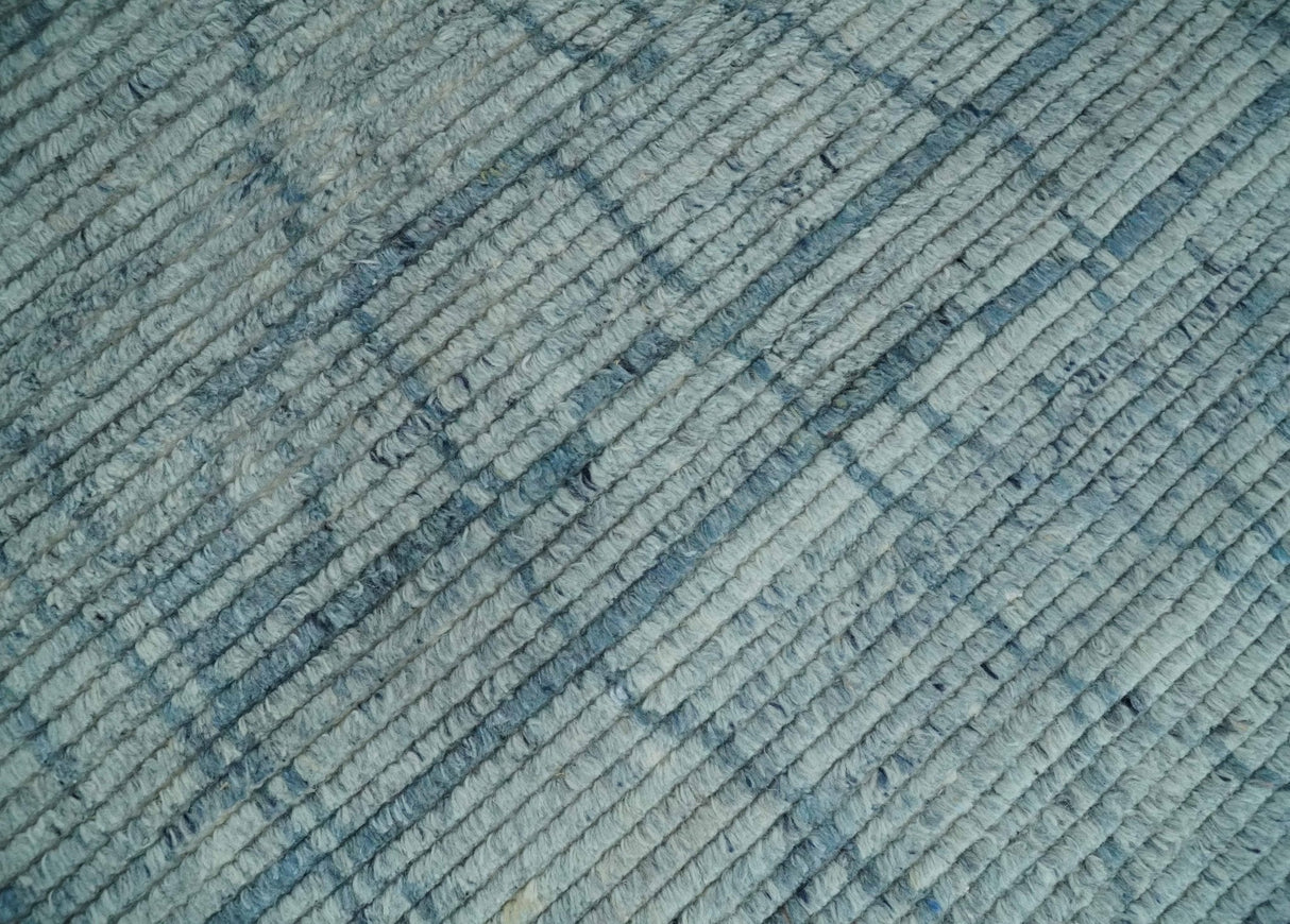 Hand Knotted Silver and Blue Modern Trellis Moroccan Blended Wool Rug